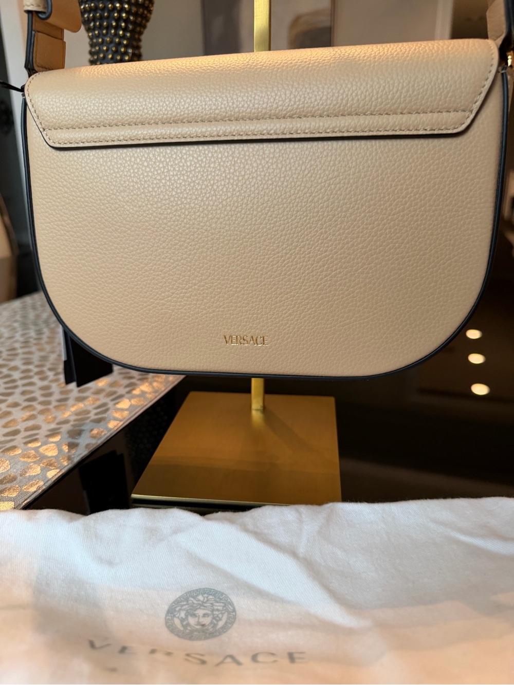 Versace Virtus Leather Shoulder/Crossbody Bag with Gold Chain V Accent - Picture 6 of 10